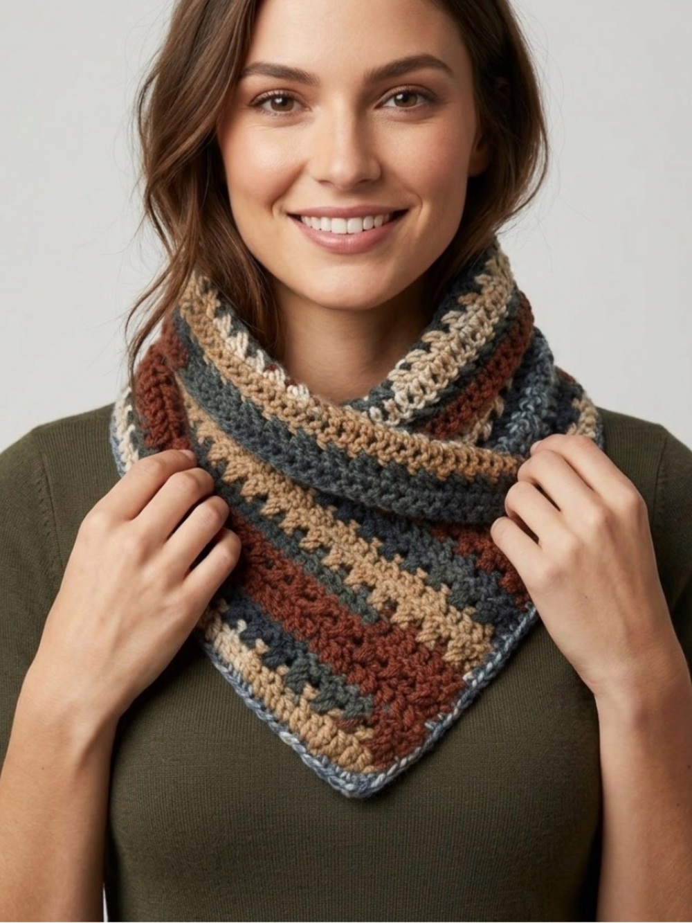 Striped Crochet Neck Warmer - Brown, Gray, Cream
